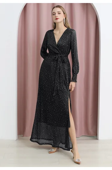 Radiant Sequin Faux-Wrap Split Maxi Gown in Black
