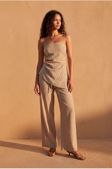 Drawstring Linen Look Stripe Trouser - khaki