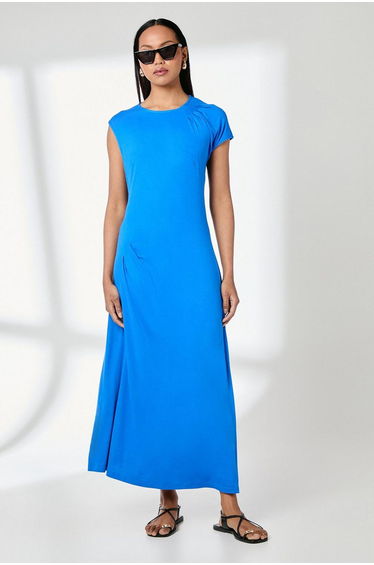 Blue Drape Shoulder Jersey Midaxi Dress