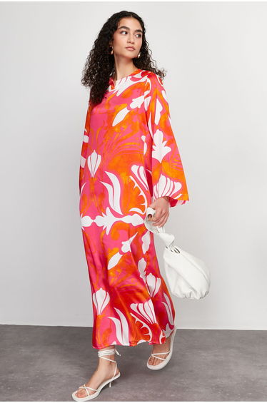 Red Satin Ethnic Patterned Evening Dress