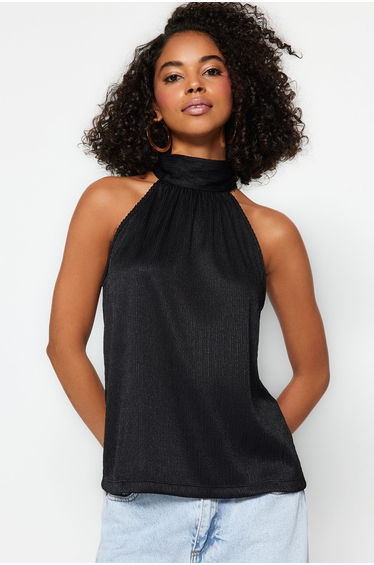 Black Stand Up Collar Pleated Knitted Blouse