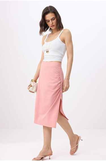 Pink Straight Pencil Slit Normal Waist Midi Scuba Crepe Knitted Skirt