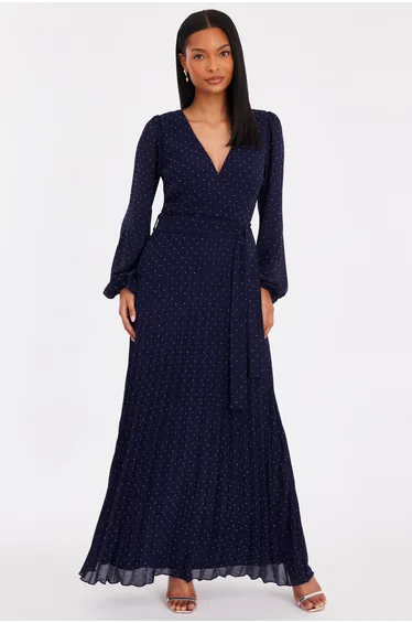 فستان كويز شيفون كحلي ماكسي منقط على شكل حرف A بأكمام طويلة