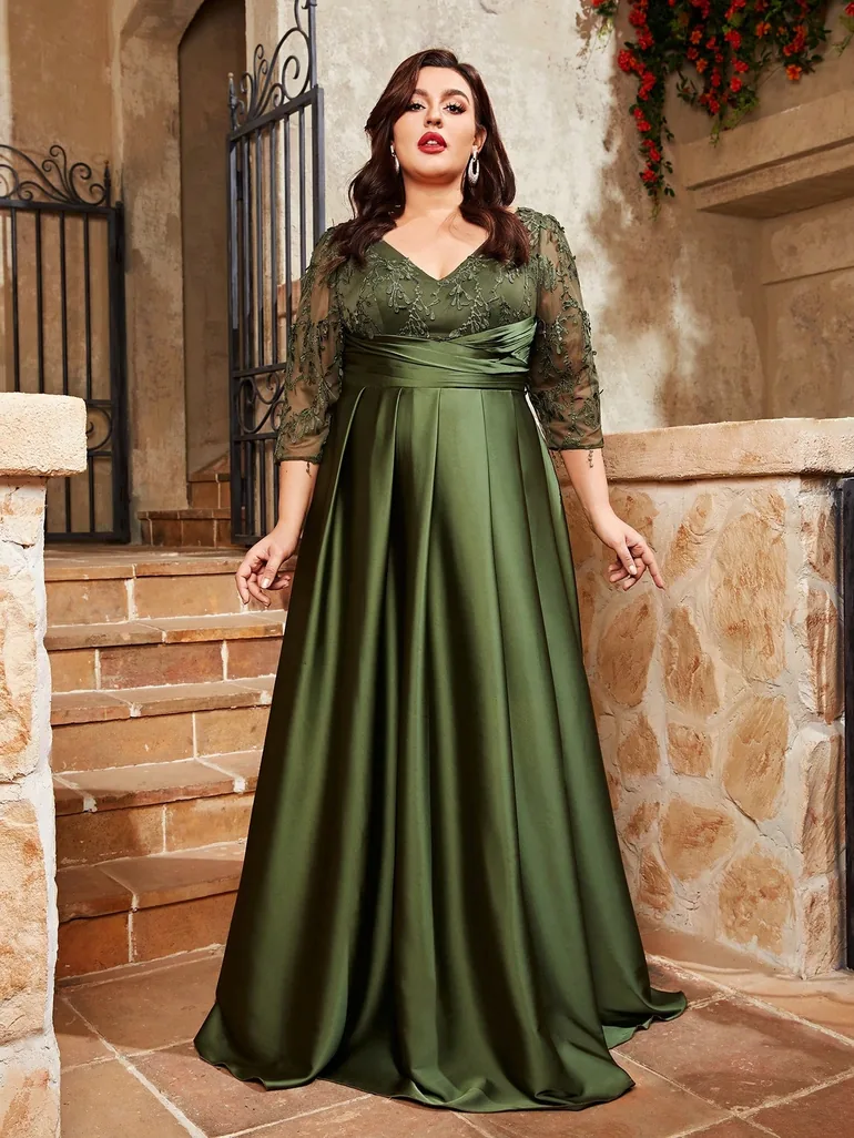 green a line dress plus size Berylove Women Maxi Mother Dress Plus Size Dark Green A Line V Neck Wedding Party Guest Dress with Half Sleeves, Dark Green / 3XL