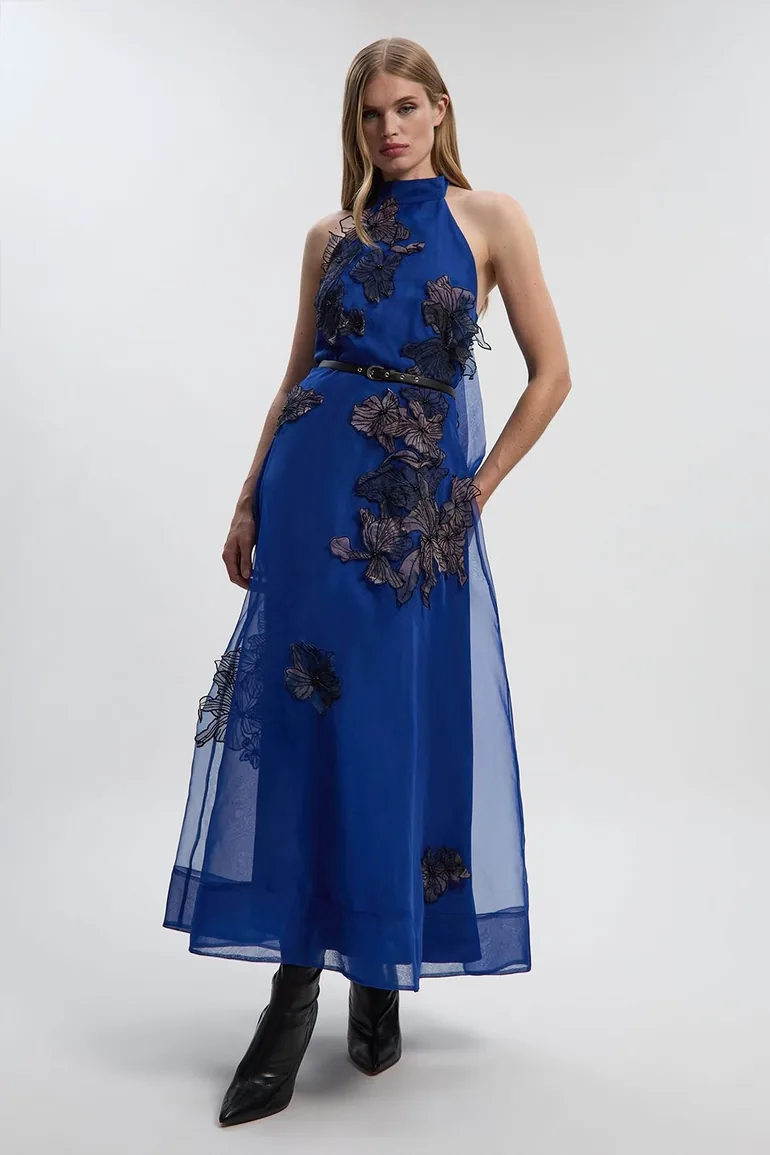 floral applique organdie woven maxi dress Floral Applique Organdie Woven Halter Neck Maxi Dress Karen Millen Navy :  Premium Dresses : VogaCloset Oman