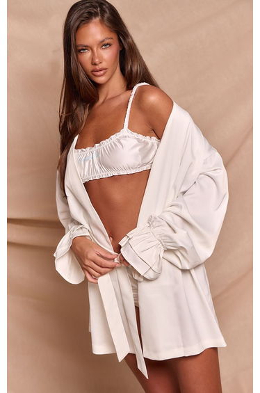 White Premium Satin Ruffle Sleeve Mini Robe
