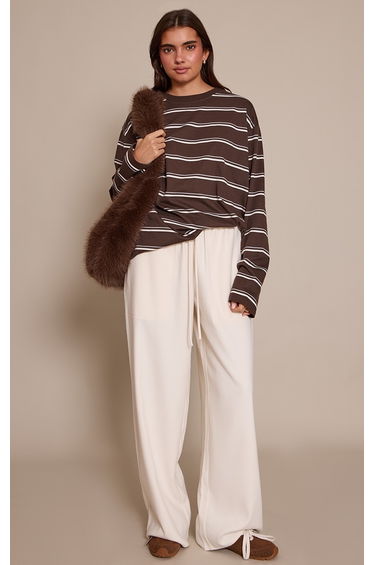 Cream Brushed Tailored Drawstring Low Rise Trousers