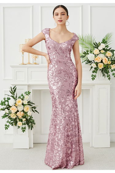 Floral Sequin Sweetheart Neck Mermaid Gown in Lilac