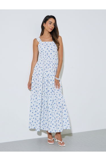 White Ditsy Print Sleeveless Tiered Maxi Dress