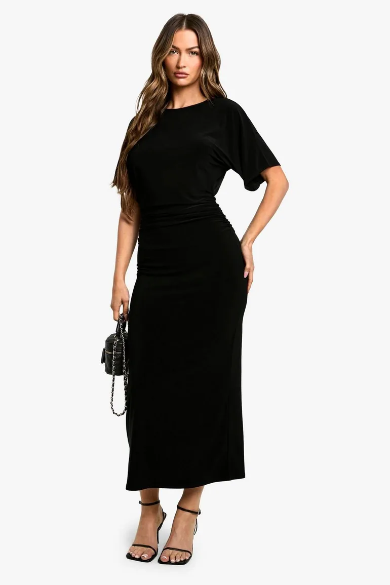 Shop Short Sleeve Cinched Waist Maxi Dress Boohoo Online in Iraq