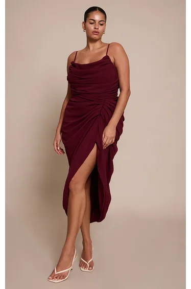 Plus Wine Ruched Chiffon Drape Midi Dress