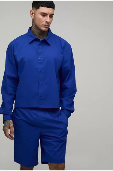 Tall Cropped Boxy Oversized Shirt & Baggy Short Set - cobalt