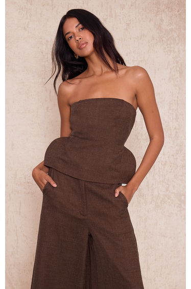 Dark Chocolate Woven Peplum Detail Bandeau Top