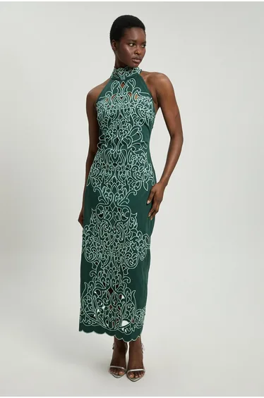 Cotton Cutwork Woven Halter Midi Dress
