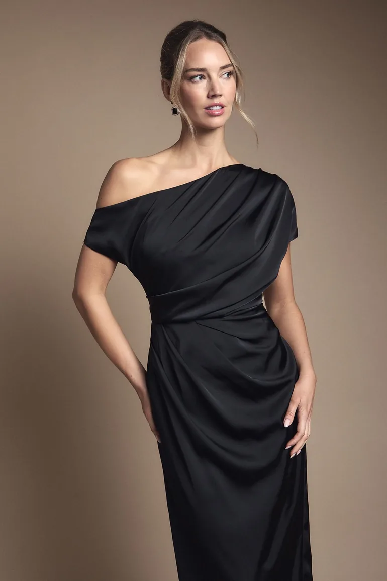 Satin Ruched Detail Off The Shoulder Maxi Dress - 1