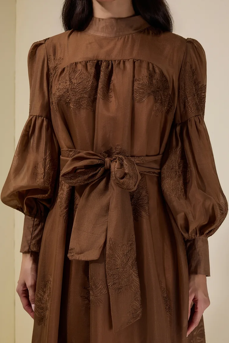 Embroidered Lace-Up Lantern Sleeve Maxi Dress JardinVue Brown : Evening  Dresses : VogaCloset Iraq
