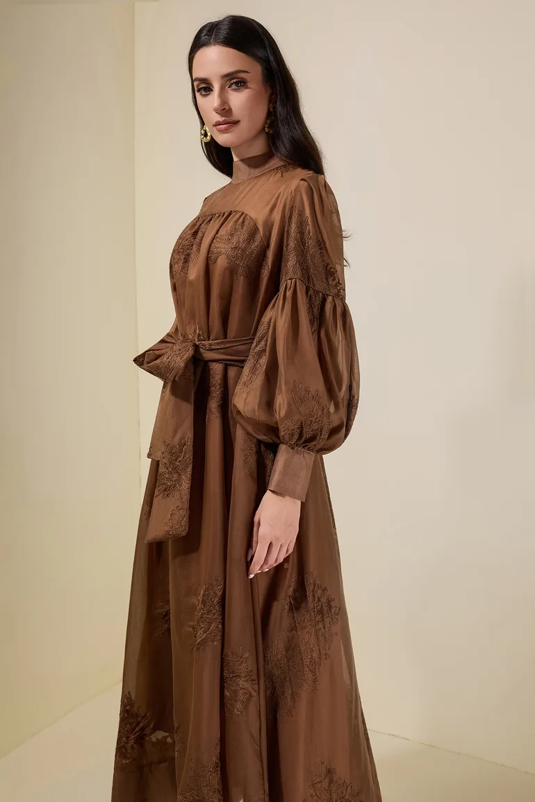 Embroidered Lace-Up Lantern Sleeve Maxi Dress JardinVue Brown : Evening  Dresses : VogaCloset Iraq