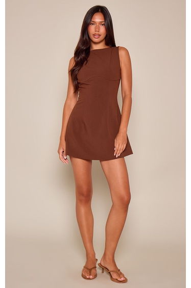 Chocolate Woven Boat Neck Backless Detail Mini Dress
