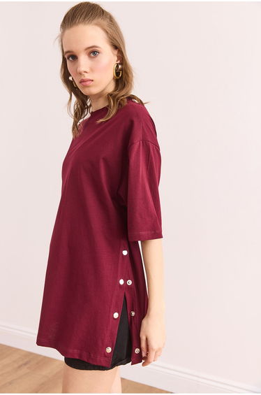 Women's Burgundy Buttoned Cotton T-Shirt