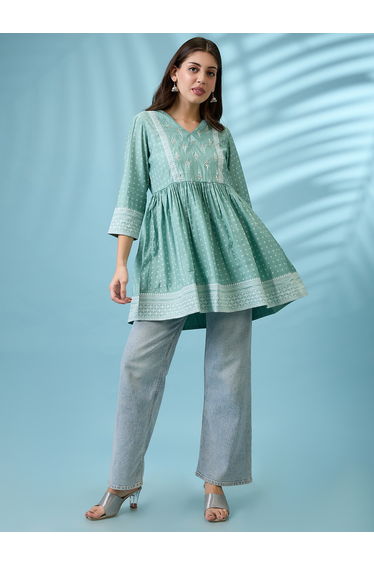Green Ethnic Print Sequined Detail Tunic