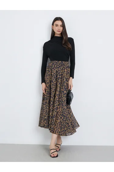 Womens Leopard Print A-Line Chiffon Maxi Skirt