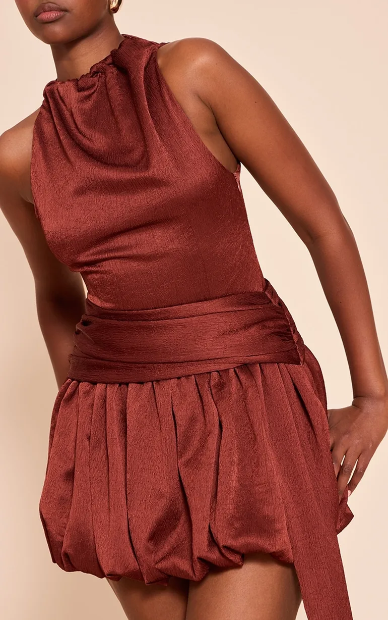 Rust Textured Boat Neck Puffball Mini Dress - 3