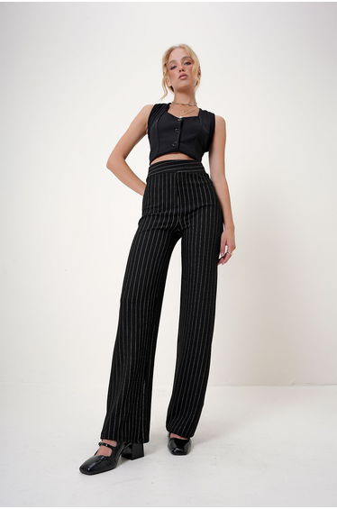 Women's Black Elastic Waist Striped Wide Leg Knitted Trousers