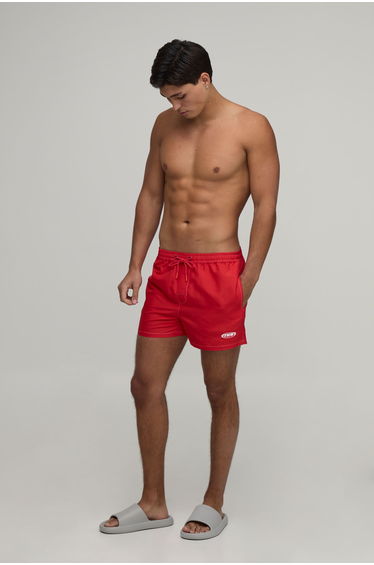 Constrast Stitch Short Length Man Embroidered Swim Short - red