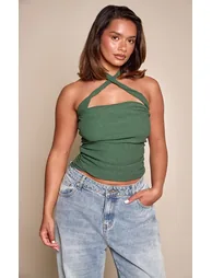 Shape Khaki Twist Neck Detail Textured Top - 1