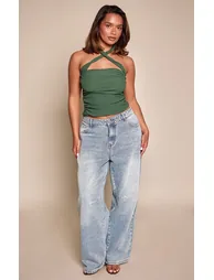 Shape Khaki Twist Neck Detail Textured Top