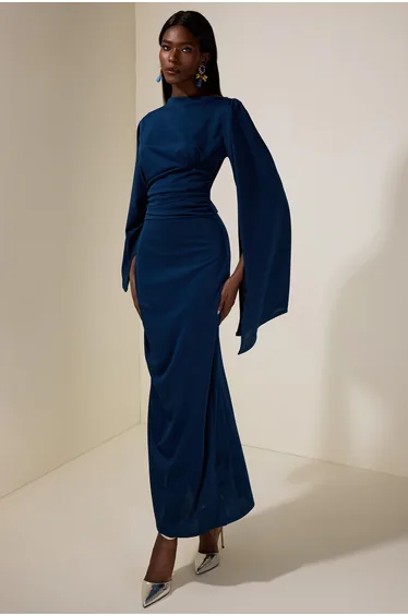 Jersey Gathering Cape Sleeve Maxi Dress