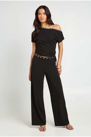 Pearlised Button Waist Detail Straight Leg Trouser - black