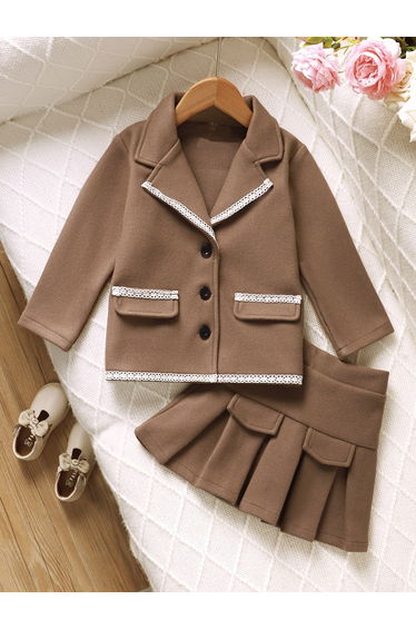 Girls Brown Blazer and Pleated Skirt Set