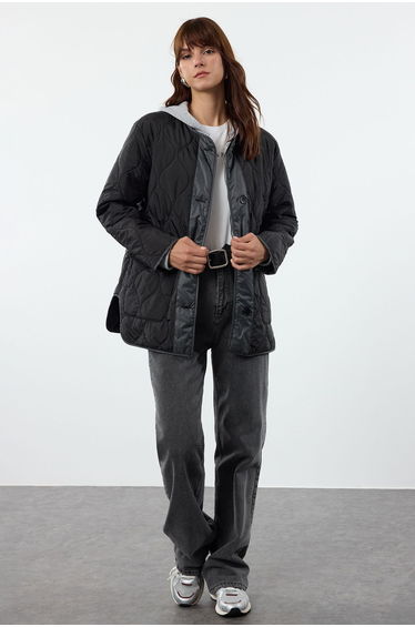 Black Oversize Molded Placket Detailed Quilted Puffer Jacket