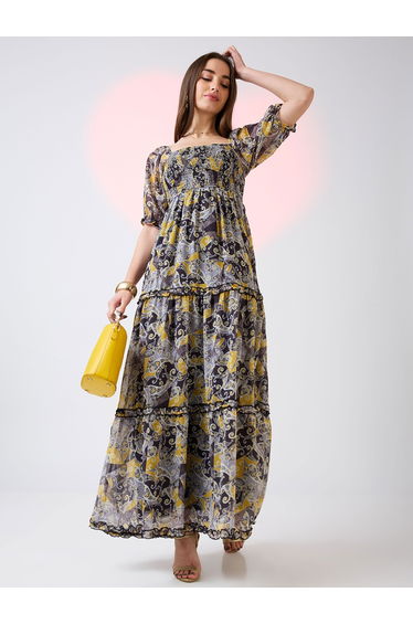 Yellow Square Neck Puff Sleeves Tiered Maxi Dress