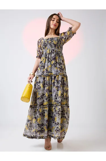 فستان ماكسي بطبقات متدرجة بأكمام منفوخة بياقة مربعة - أصفر