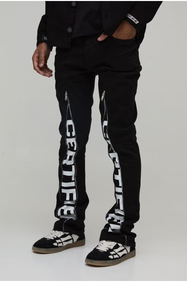 Slim Stacked Flare Zip Gusset Print Trouser - black