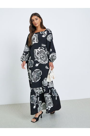 Black Floral Square Neck Maxi Dress