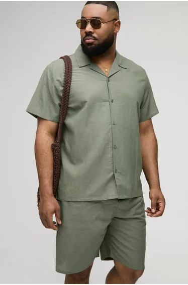 Plus Regular Linen Shirt & Short Set - olive