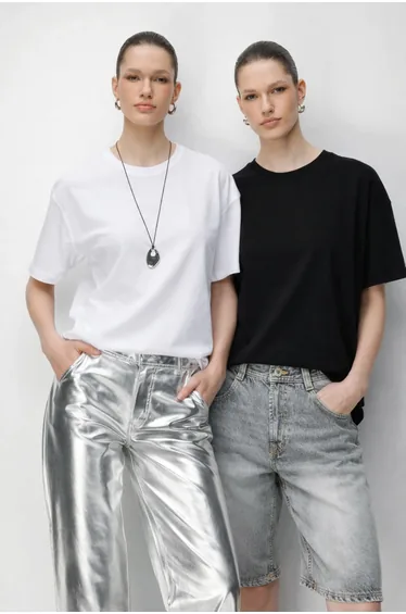 MIXRAY Oversized Ribbed Crew Neck Two-Piece T-Shirt Set