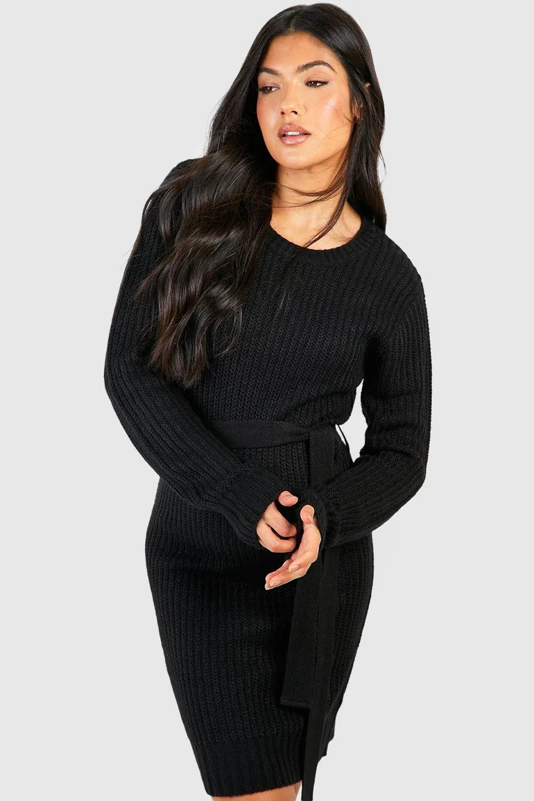 Maternity Soft Knit Tie Waist Jumper Dress - black - 3