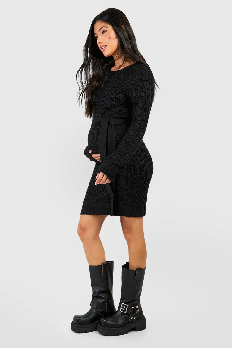 Maternity Soft Knit Tie Waist Jumper Dress - black - 2