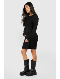 Maternity Soft Knit Tie Waist Jumper Dress - black - 2