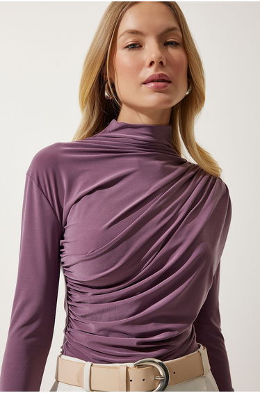 Women's Lilac Gathered Detailed High Neck Sandy Blouse