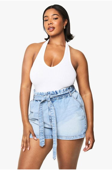 Plus Paperbag Waist Denim Short - light wash