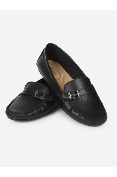 Black Buckle Detail Round Toe Loafers
