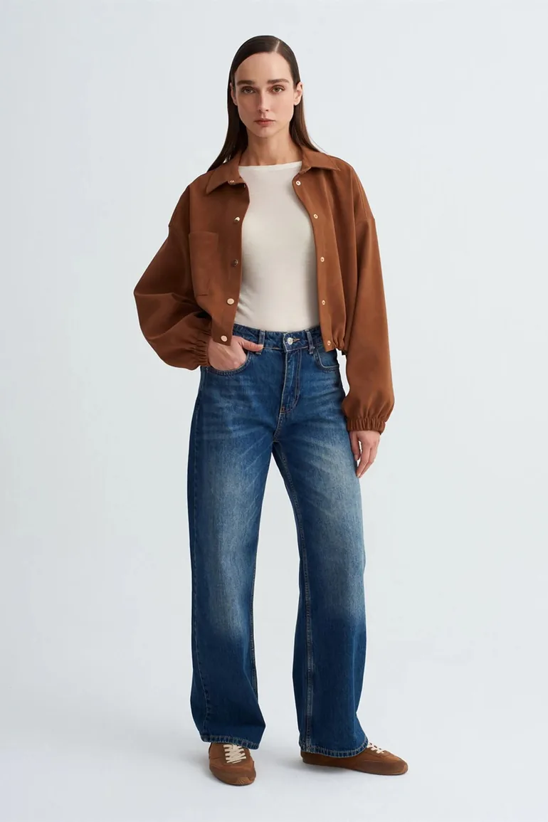 Dilvin Oversized Crop Faux Suede Bomber Jacket - 3