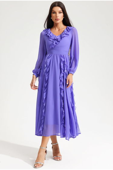 Oriane V-Neck Ruffle Midi Dress Purple in Purple