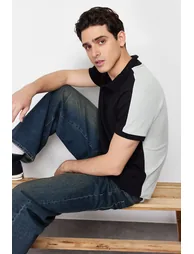 Black Men's Color Blocked Regular/Normal Cut 100% Cotton Polo Collar T-shirt
