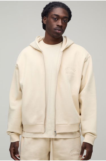 Heavyweight Embroidered Cropped Boxy Zip Through Hoodie - ecru